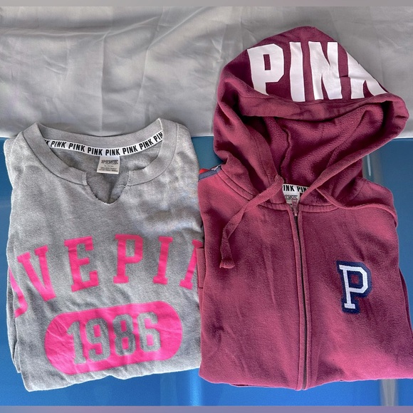 Duo Outerwear Combo:PINK brand Crewneck sweatshirt and Burgundy Hoodie, Size Med - Picture 1 of 16